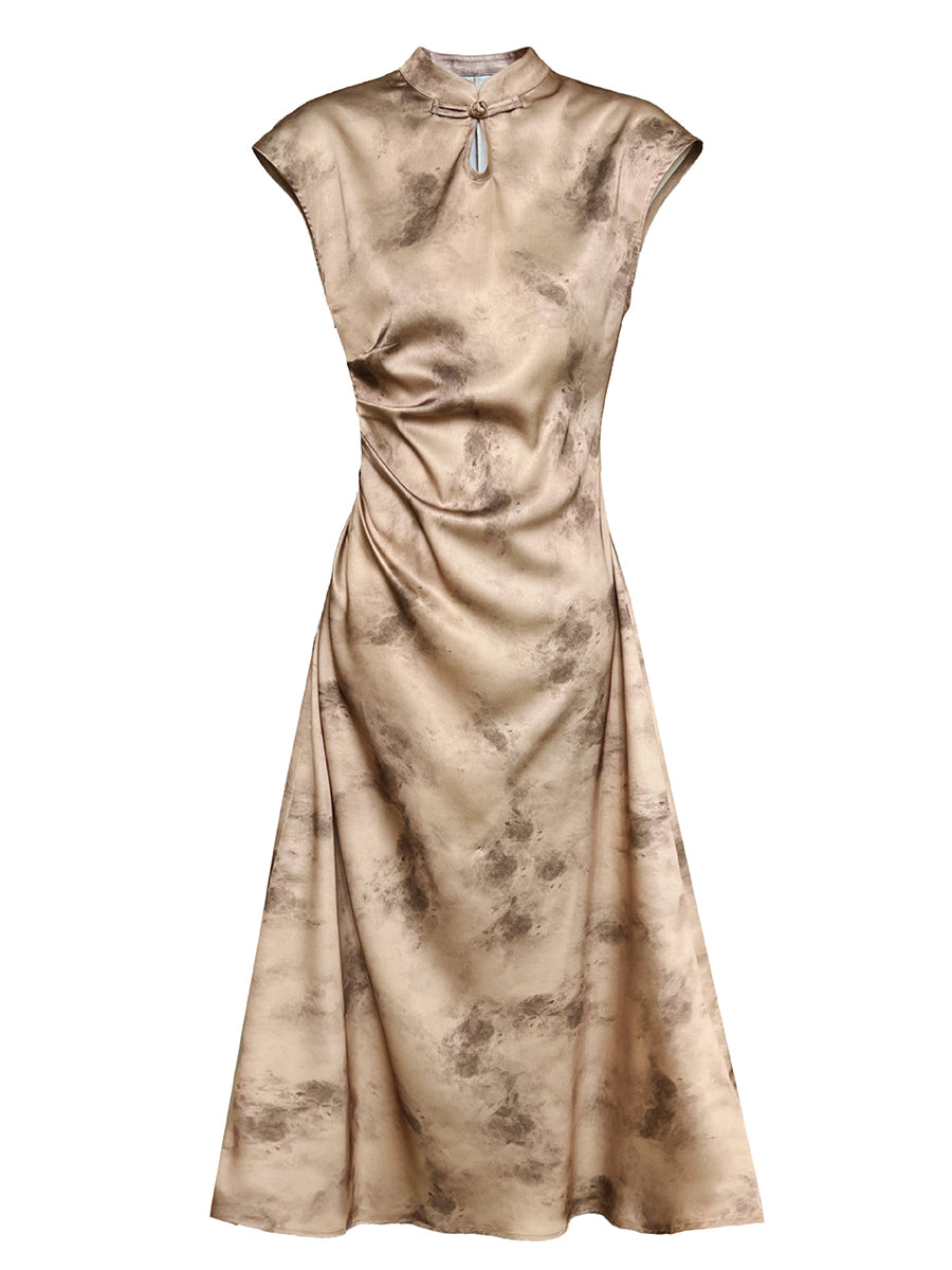 Derpai Elegantes ärmelloses Qipao-Cheongsam aus goldenem Satin