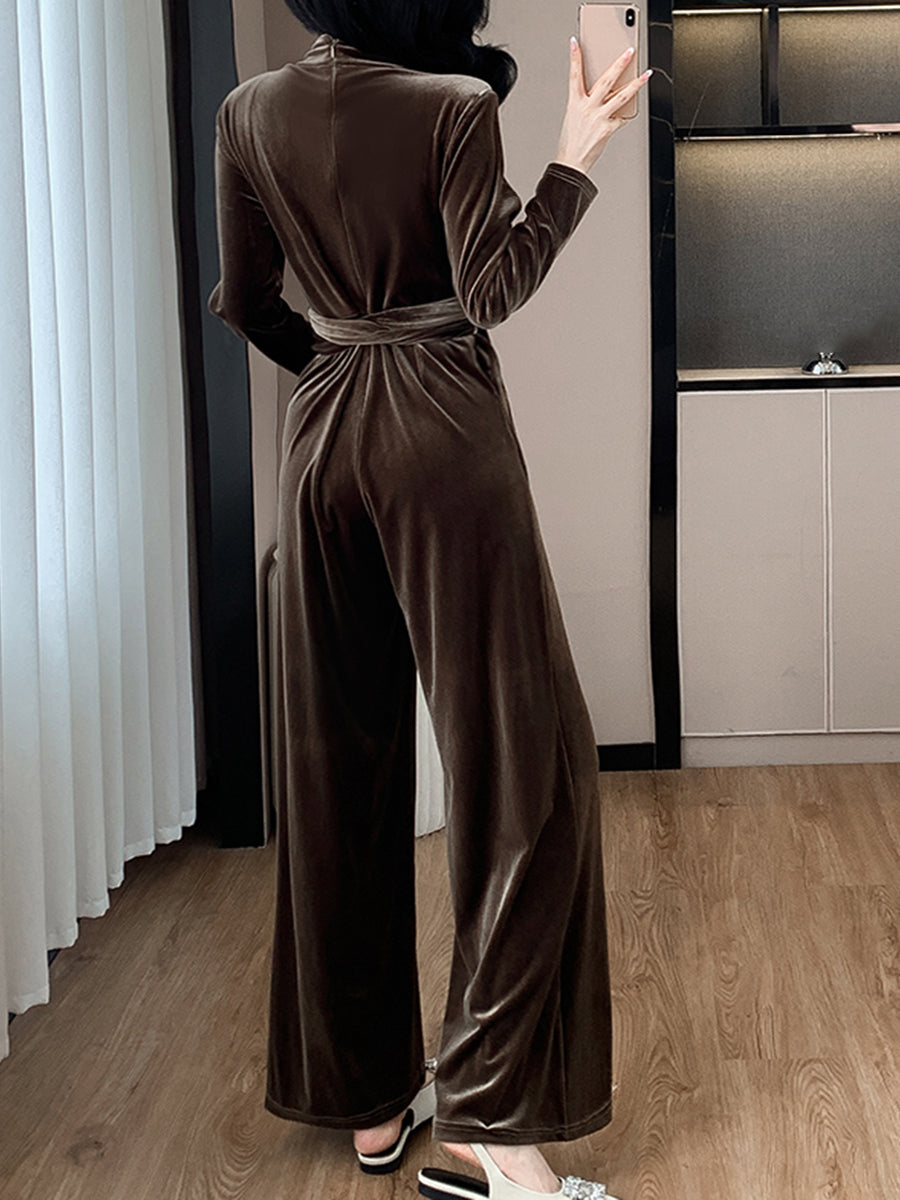 Derpai Samt-Strappy-Jumpsuit mit V-Ausschnitt und langen Ärmeln elegant Damen