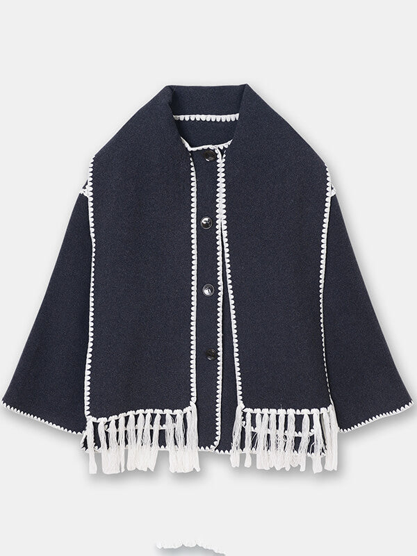 Derpai Modischer Wollmantel mit Fransen und Schal – Damenmode