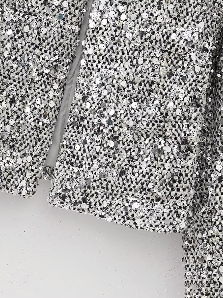 Derpai Glänzende Tweedjacke mit Pailletten und Rundhalsausschnitt Damen Silber