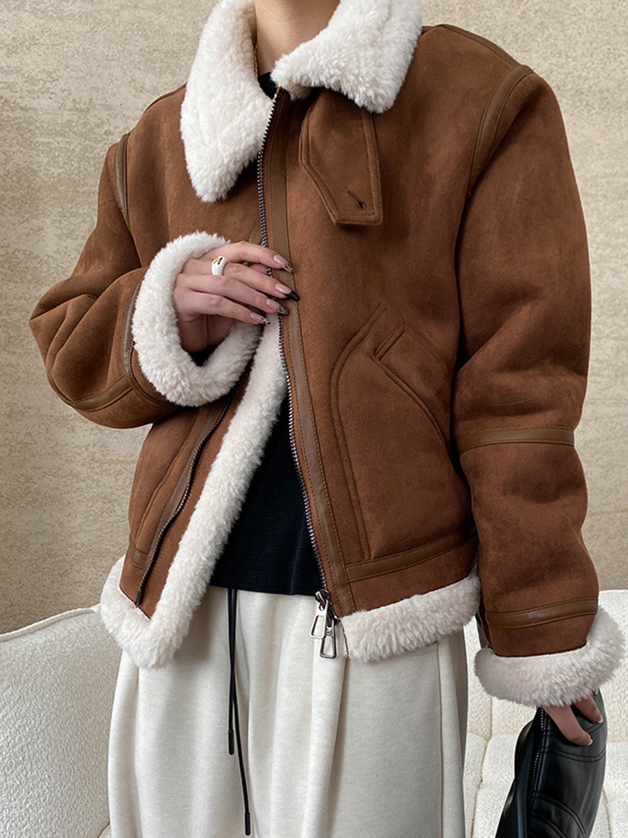 Derpai Fliegerjacke aus Wildlederimitat mit Wollfutter Damen Winter