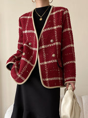 Derpai Tweedjacke mit Steppfutter Karomuster doppelreihige Knopfleiste Damen