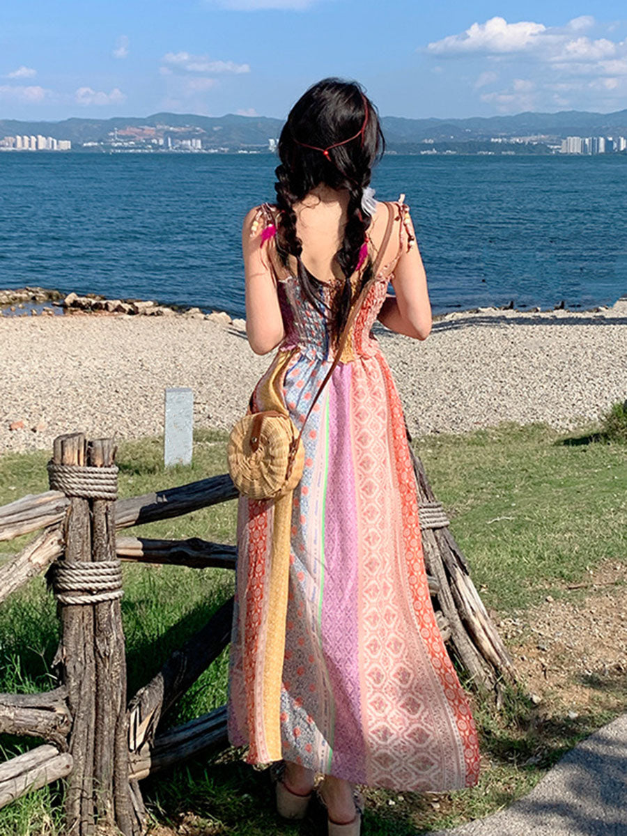 Derpai Langes Kleid mit Blumenprint und feinen Trägern Boho-Stil mehrfarbig