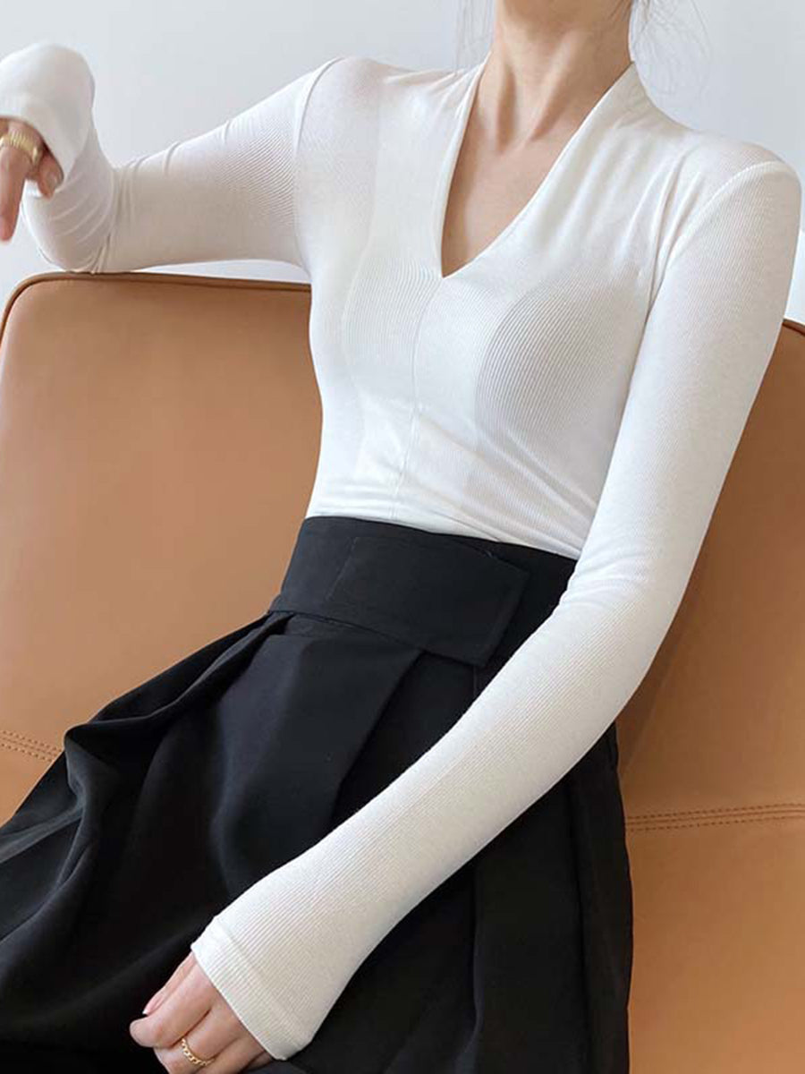 Derpai Geripptes Stricktop mit V-Ausschnitt und langen Ärmeln Damen
