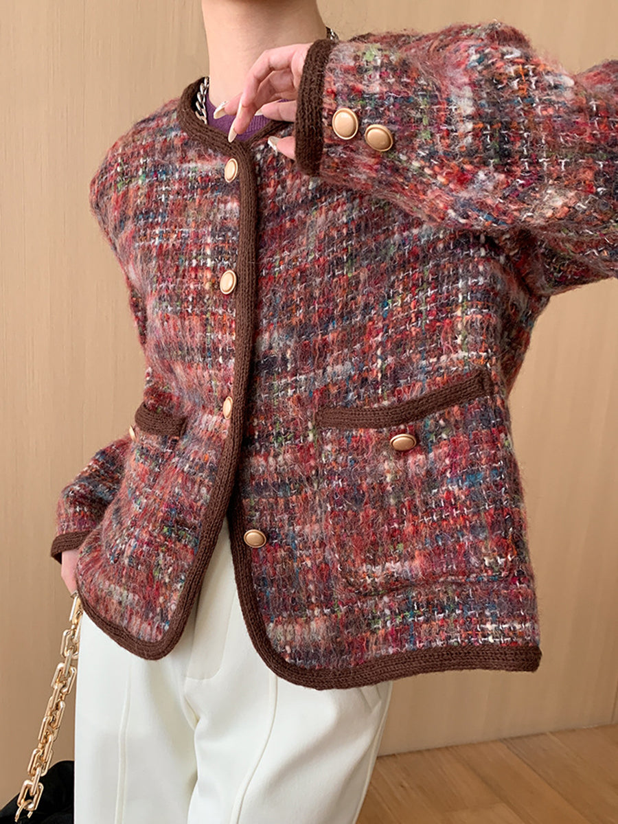 Derpai Karierte Tweedjacke mit kontrastierendem Besatz Damen Rot elegant Weihnachten