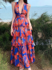 Derpai Langes Neckholder-Kleid mit Rüschen und Rückenausschnitt Orange