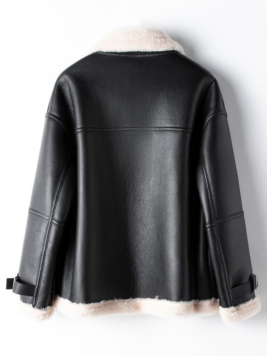 Derpai Fliegerjacke aus Kunstleder mit Reißverschluss Damen Winter
