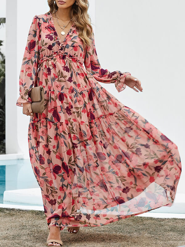 Derpai Langes Kleid aus Chiffon mit Blumenmuster langen Ärmeln & V-Ausschnitt – elegant