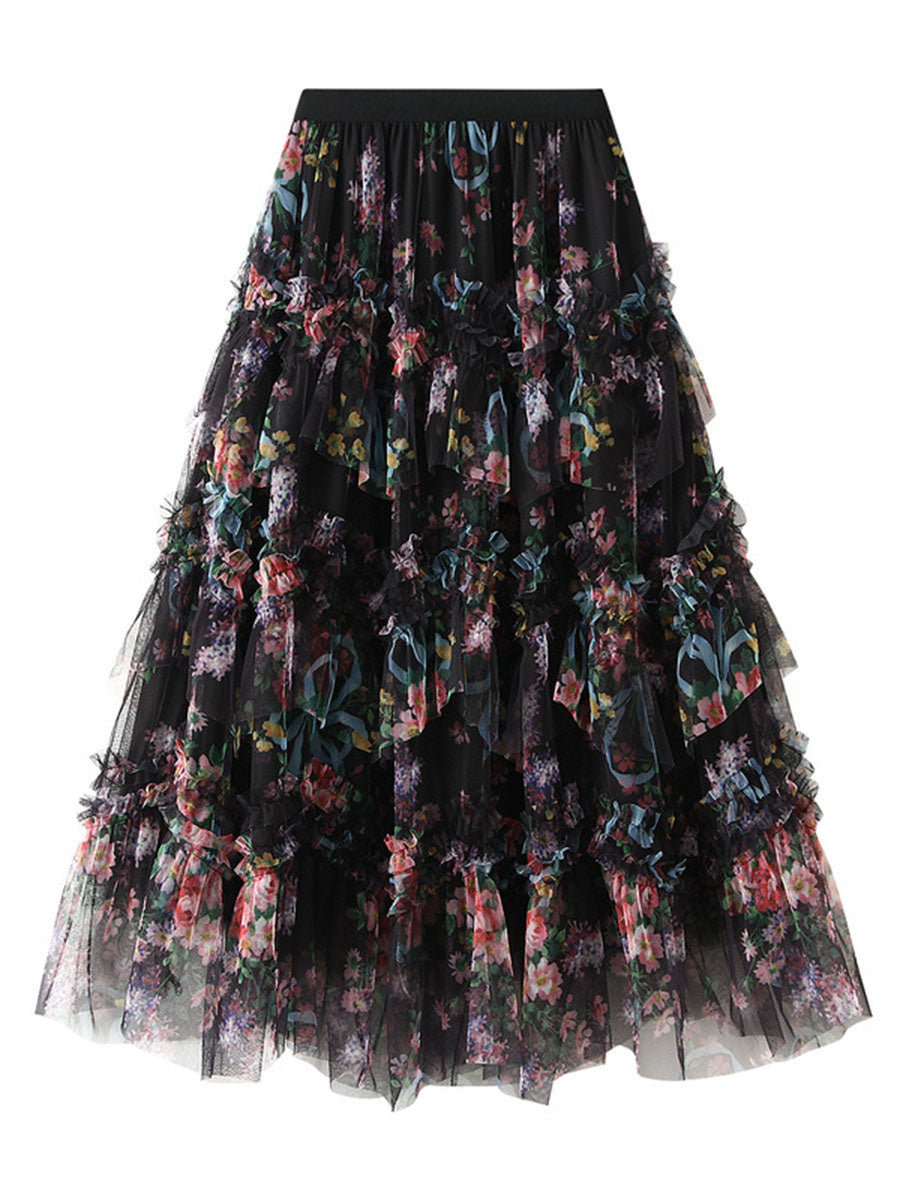 Derpai Langer Tüllrock mit Blumenprint Damen