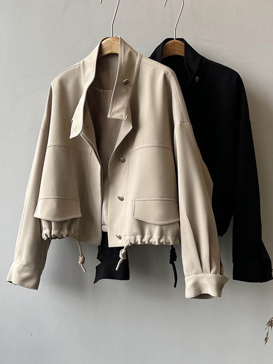 Derpai Kurze Jacke mit Tunnelzug Knopfleiste Taillierung und Stehkragen modisch Damen