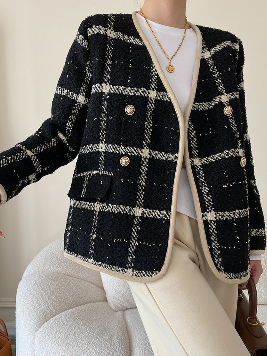 Derpai Tweedjacke mit Steppfutter Karomuster doppelreihige Knopfleiste Damen