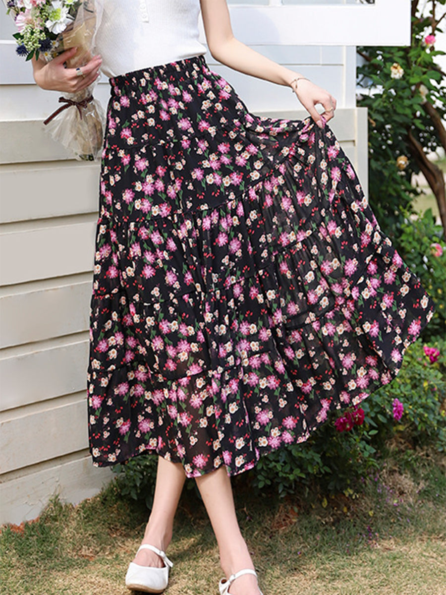 Derpai Boho-Maxirock aus Chiffon mit Blumenprint & Gummibund