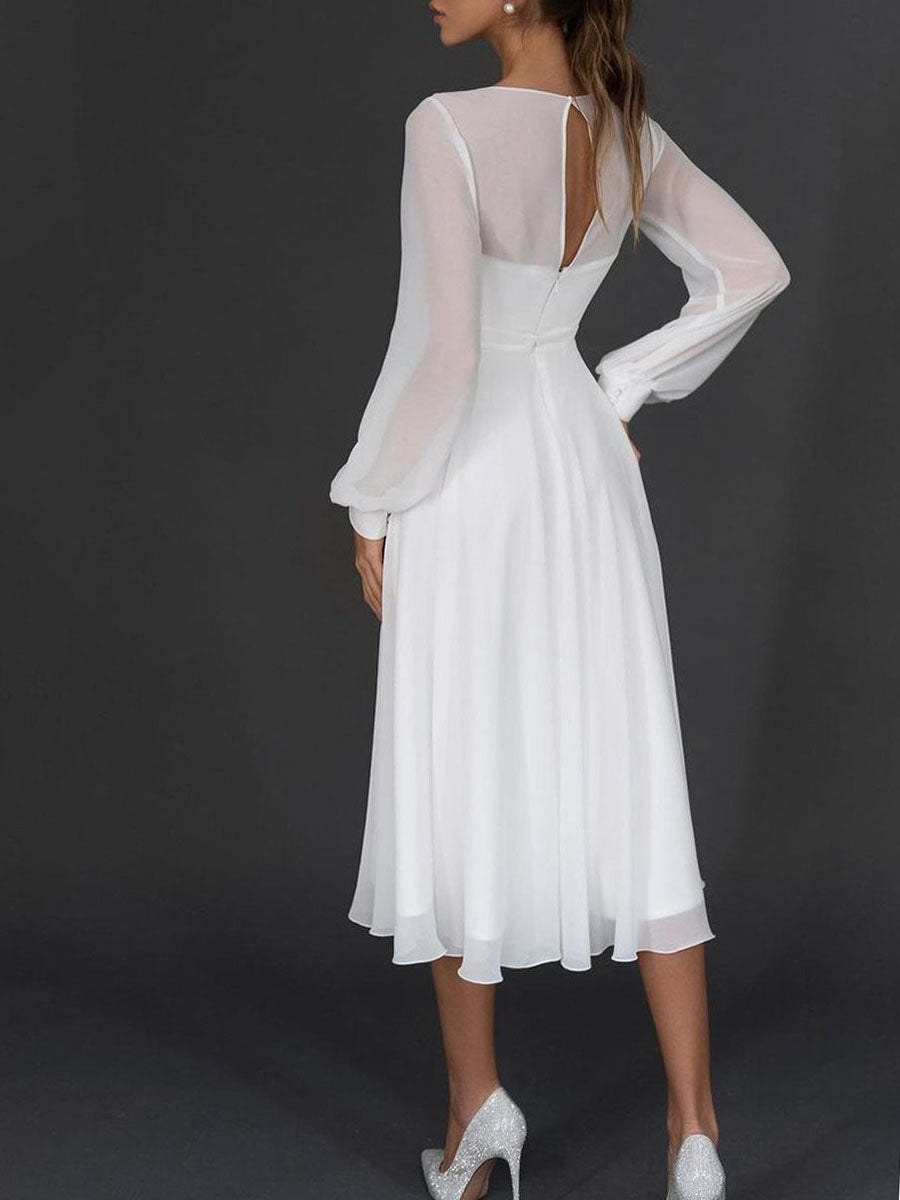 Derpai Weißes langes Chiffon-Abendkleid mit Bischofsärmeln & V-Ausschnitt – elegant