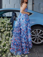 Derpai Langes Chiffonkleid mit Blumenprint und Rückenausschnitt Blau – für Hochzeit