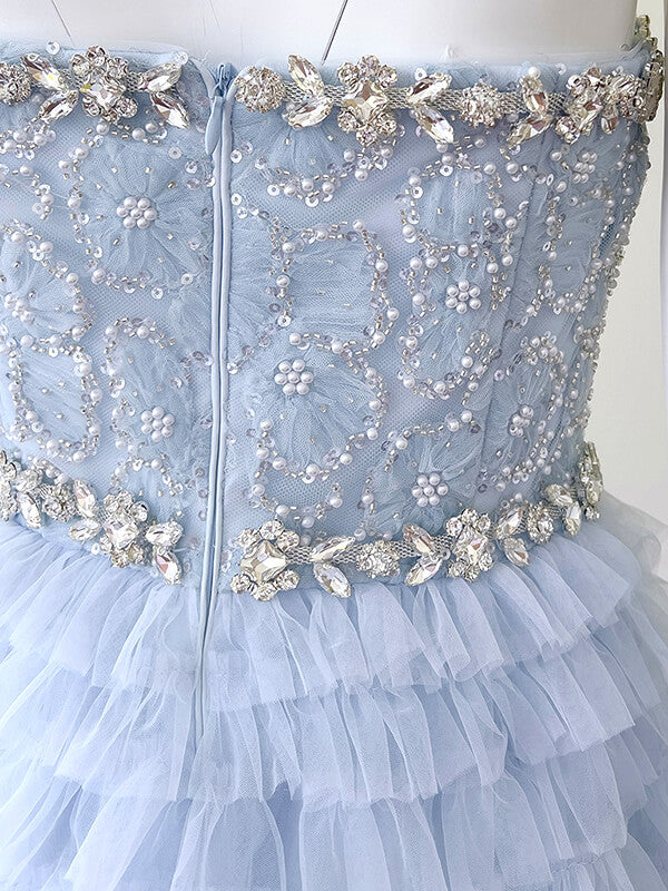 Derpai Zartes langes Ballkleid aus Tüll in Pastellblau mit Perlen & Strass