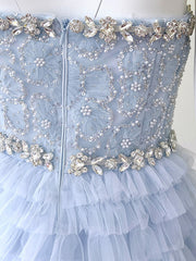 Derpai Zartes langes Ballkleid aus Tüll in Pastellblau mit Perlen & Strass