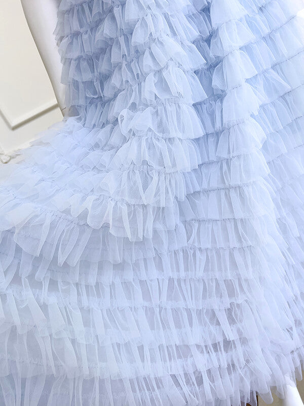 Derpai Zartes langes Ballkleid aus Tüll in Pastellblau mit Perlen & Strass