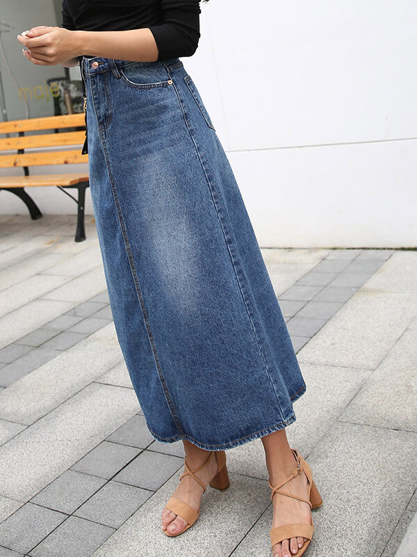 Derpai Langer Jeansrock mit hoher Taille Taschen und Knöpfen – Modischer Damenrock