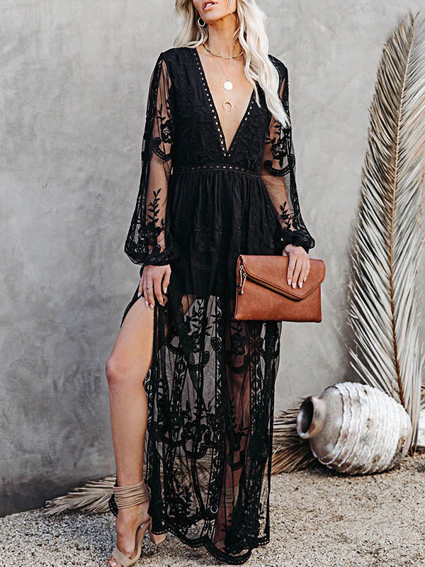 Derpai Langes Spitzenkleid mit Schlitz & V-Ausschnitt Boho-Stil