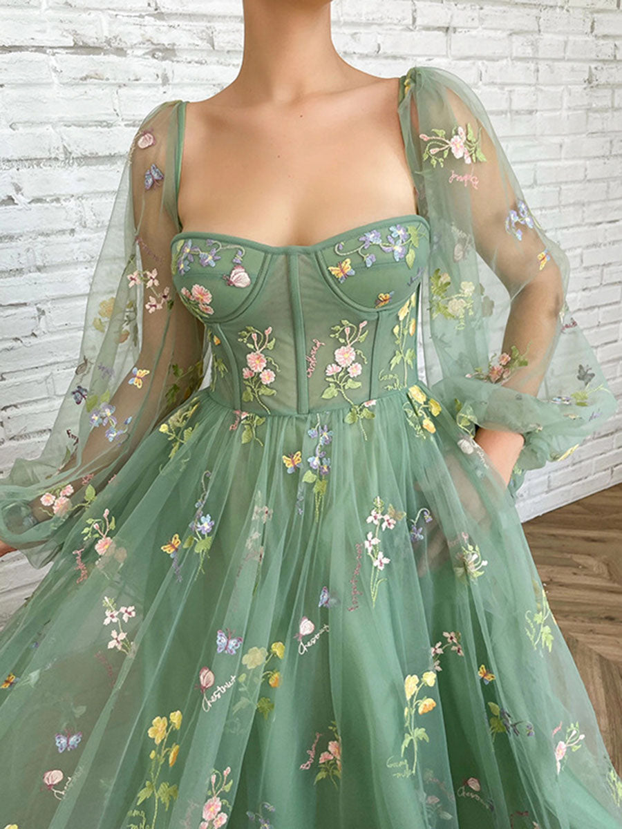 Derpai Langes Abendkleid mit besticktem Bustier & langen Ärmeln – für Ball oder Hochzeit