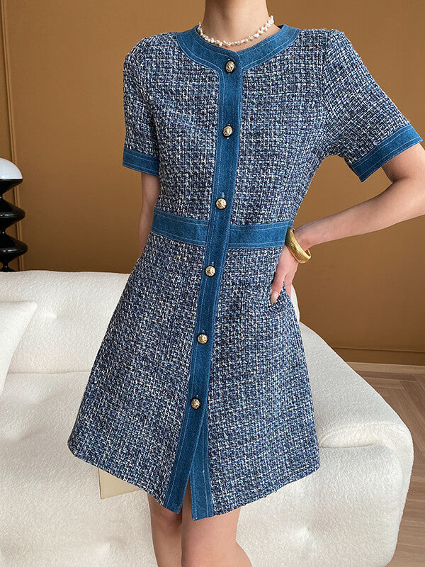 Derpai Mini-Tweedkleid aus Denim mit Rundhalsausschnitt & Taschen – für Abschlussball