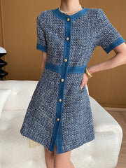 Derpai Mini-Tweedkleid aus Denim mit Rundhalsausschnitt & Taschen – für Abschlussball