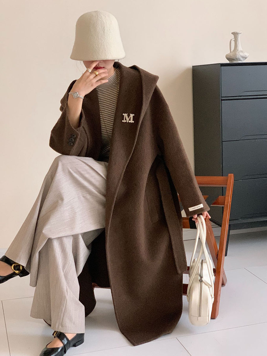 Derpai Langer Wollmantel mit Taschen Gürtel und Kapuze Damen