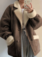 Derpai Oversize-Fliegerjacke aus Wildlederimitat mit Fleece-Futter – Damenmantel