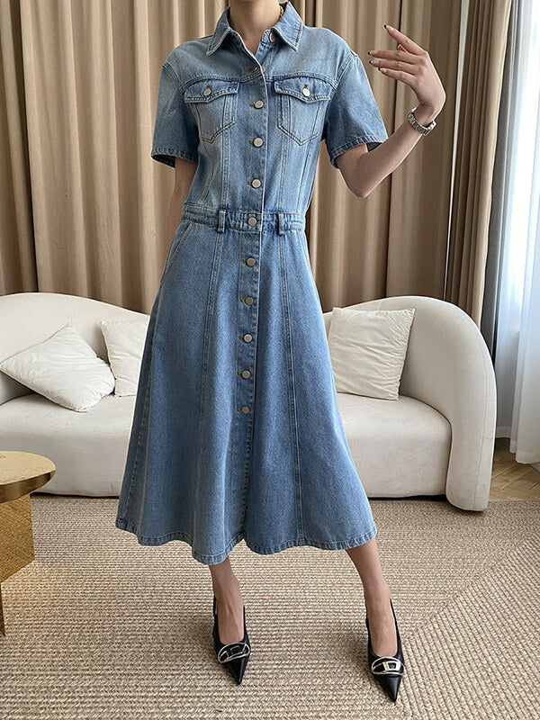 Derpai Langes Jeanskleid mit Knopfleiste & Taschen – modisch
