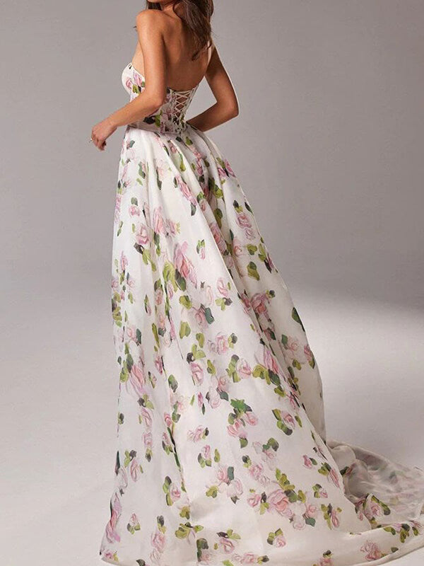 Derpai Bustier-Maxi-Abendkleid mit Blumenprint & Schlitz – für Hochzeit
