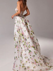 Derpai Bustier-Maxi-Abendkleid mit Blumenprint & Schlitz – für Hochzeit