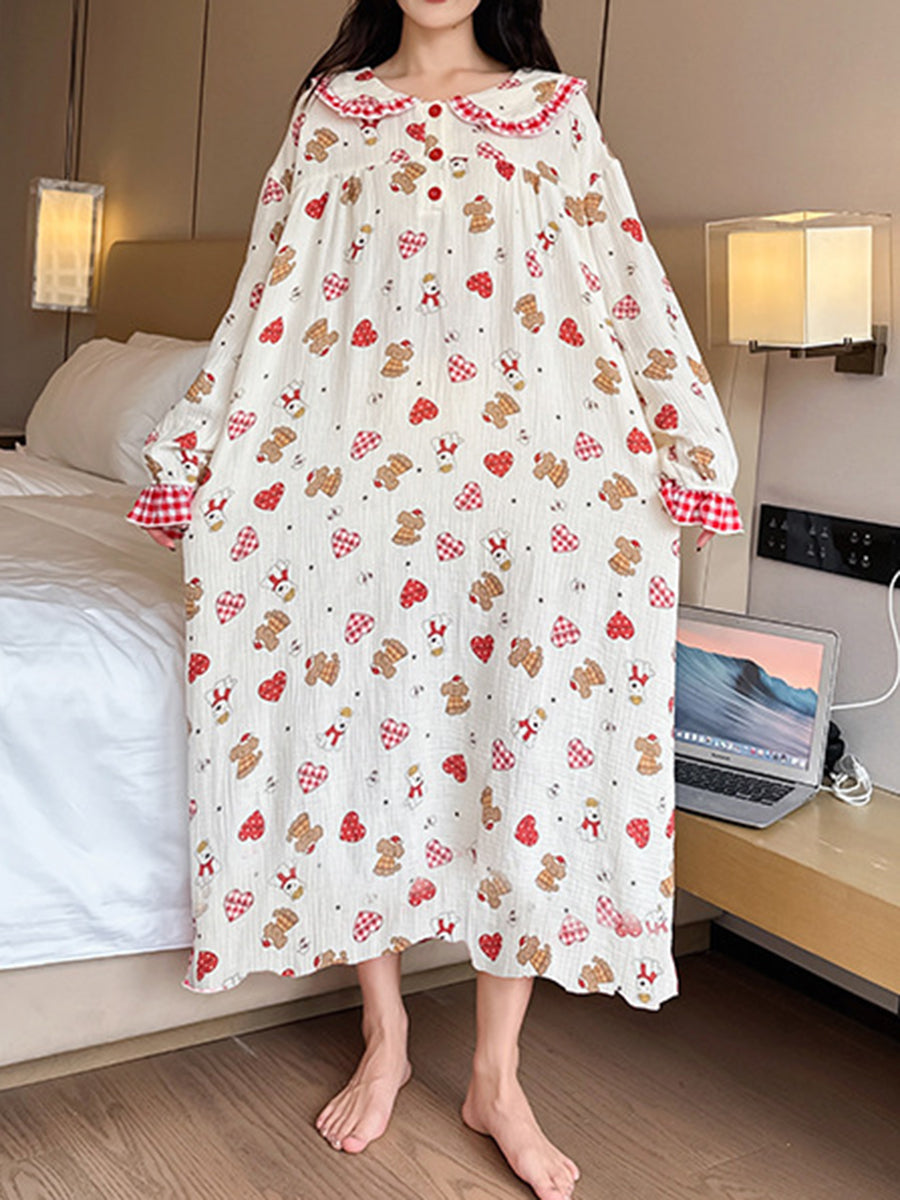 Derpai Herz-Pyjama mit Claudine-Kragen ausgestellten Ärmeln Damen Weihnachten oversized