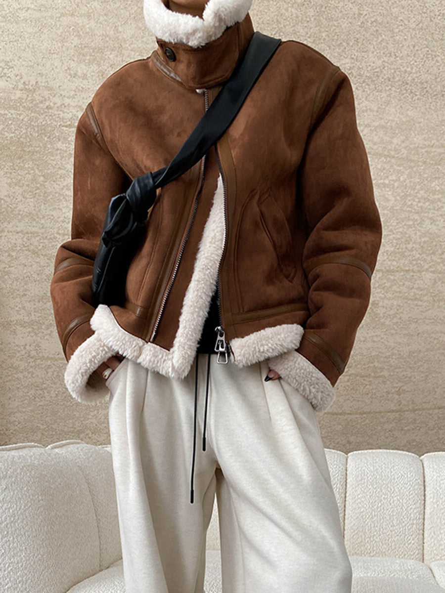 Derpai Fliegerjacke aus Wildlederimitat mit Wollfutter Damen Winter