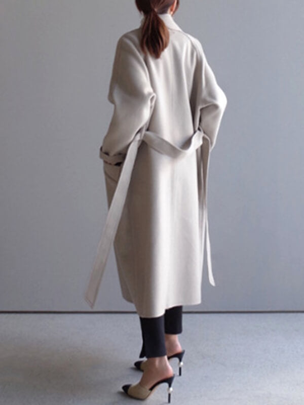 Derpai Eleganter langer Wollmantel mit doppelter Knopfleiste Gürtel und Taschen Damen