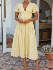 Derpai Langes Kleid mit Knopfleiste V-Ausschnitt Puffärmel elegant