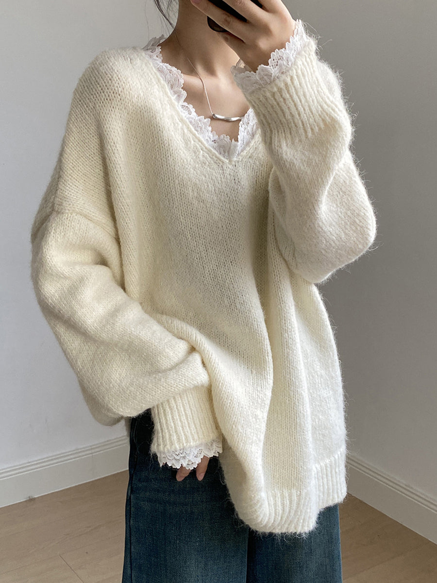 Derpai Lockerer Spitzenpullover V-Ausschnitt casual Damen