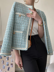 Derpai Kurze Tweedjacke mit Knopfleiste und Taschen Damen elegant Blau