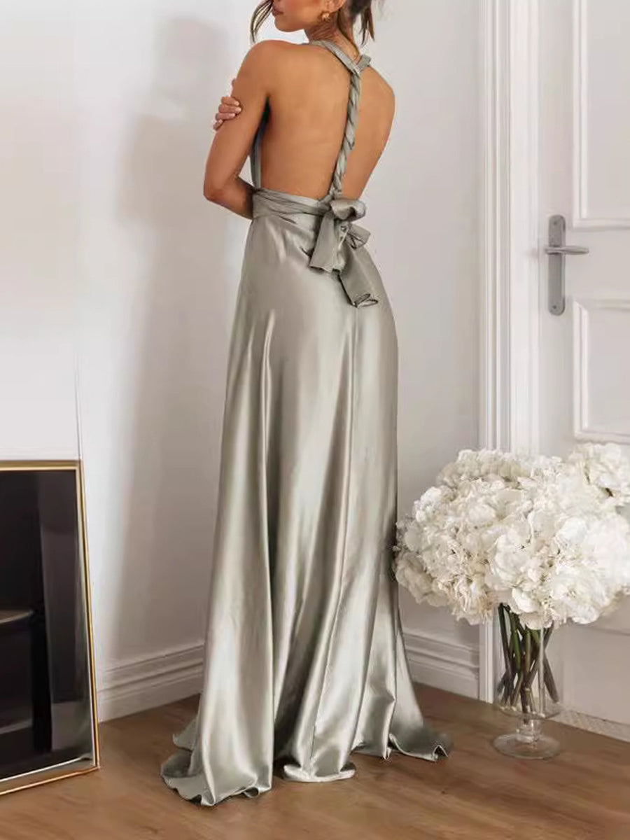 Derpai Langes graues Abendkleid mit V-Ausschnitt und Rückenfrei