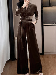 Derpai Samt-Strappy-Jumpsuit mit V-Ausschnitt und langen Ärmeln elegant Damen