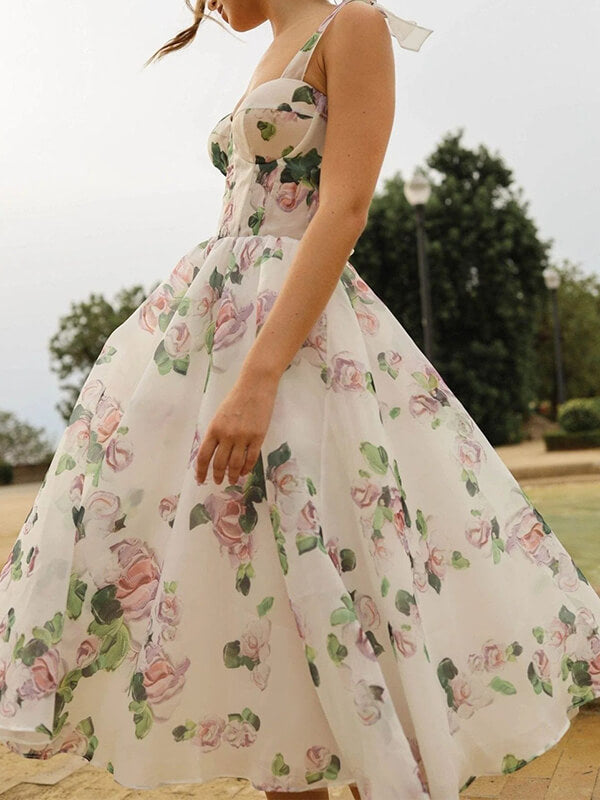 Derpai Midilanges elegantes Blumen-Abendkleid aus Chiffon