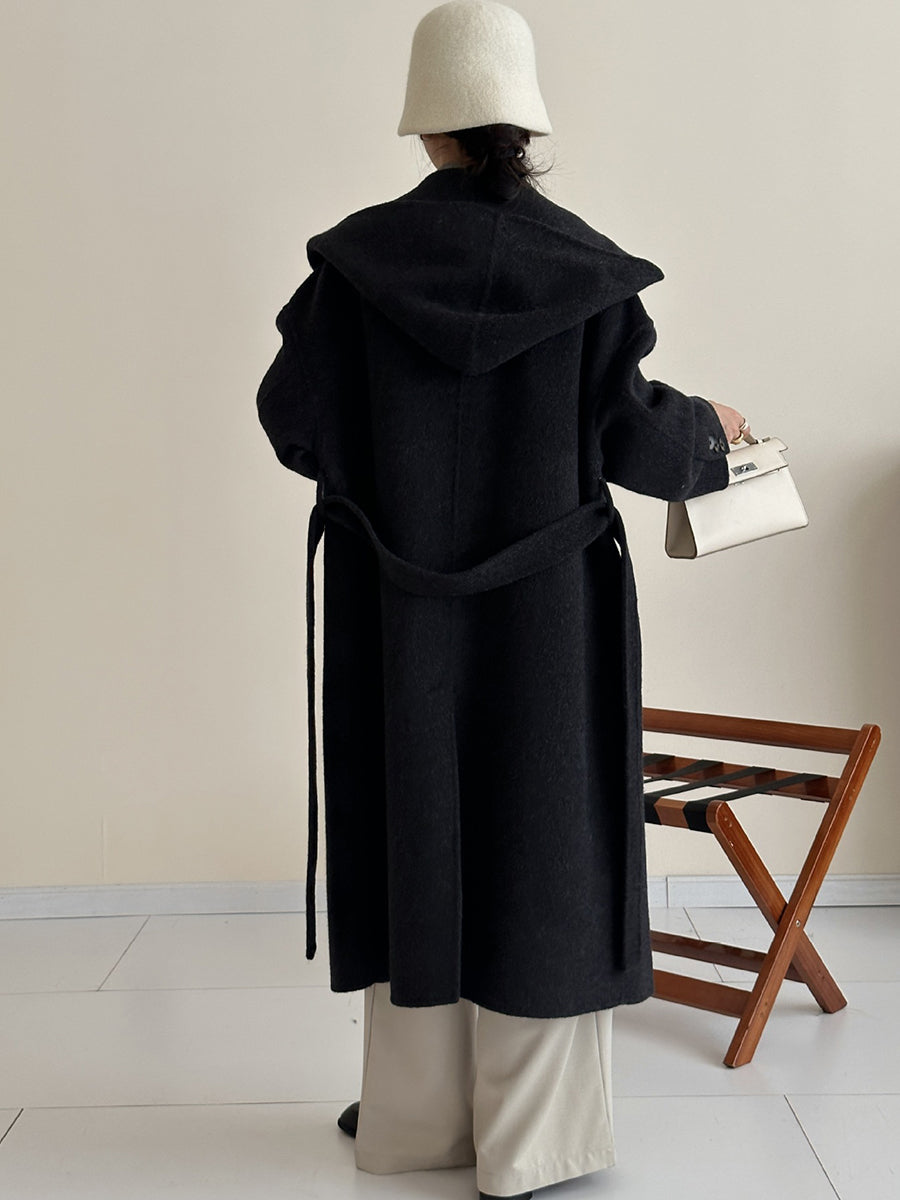 Derpai Langer Wollmantel mit Taschen Gürtel und Kapuze Damen