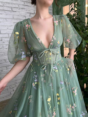 Derpai Maxi-Abendkleid im Bridgerton-Stil aus besticktem Tüll mit Puffärmeln Grün – für Hochzeit