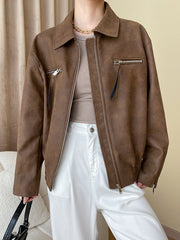 Derpai Damenjacke aus PU-Leder mit Reißverschluss Vintage-Stil