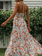 Derpai Langes Kleid aus Chiffon mit Blumenmuster Neckholder Rückenfrei Urlaub