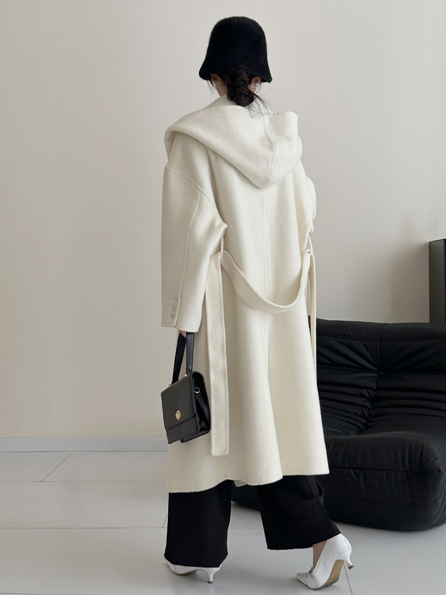 Derpai Langer Wollmantel mit Taschen Gürtel und Kapuze Damen