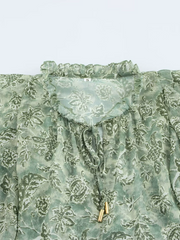 Derpai Bluse mit Puffärmeln Chiffon Blumenprint Jabotkragen grün