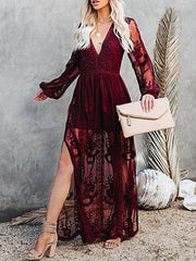 Derpai Langes Spitzenkleid mit Schlitz & V-Ausschnitt Boho-Stil