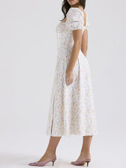 Derpai Weißes langes Abendkleid mit Blumenprint eckigem Ausschnitt und Puffärmeln – für Hochzeit