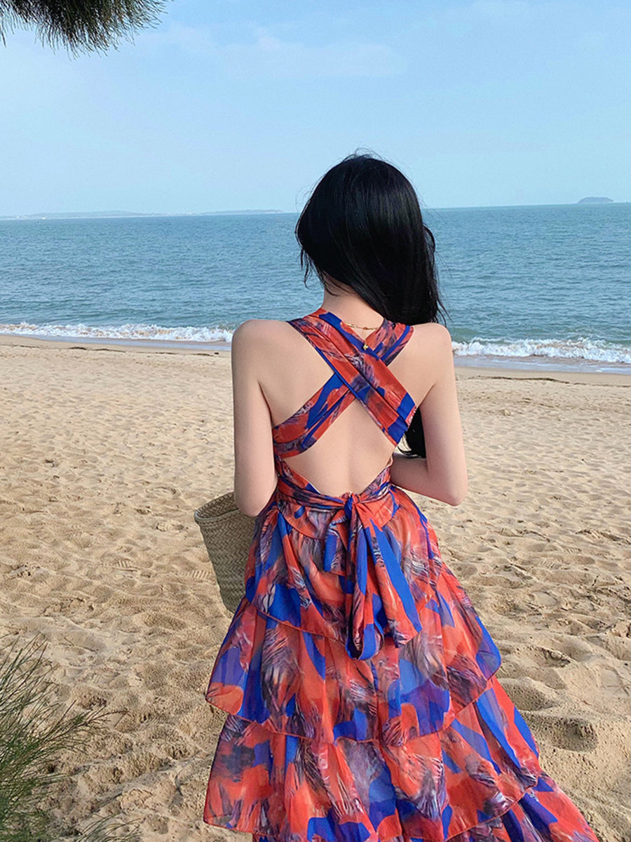 Derpai Langes Neckholder-Kleid mit Rüschen und Rückenausschnitt Orange