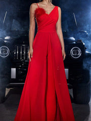 Derpai Maxi-Jumpsuit mit feinen Trägern und roten Federn Damen modisch
